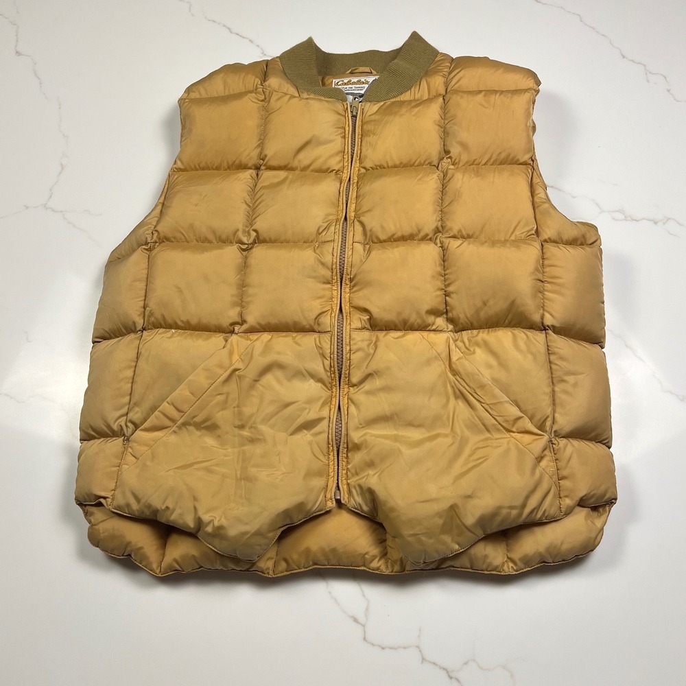 70s Cabela's Puffer Vest Mens Tan Quilted Premier Northern Goose Down Vintage
